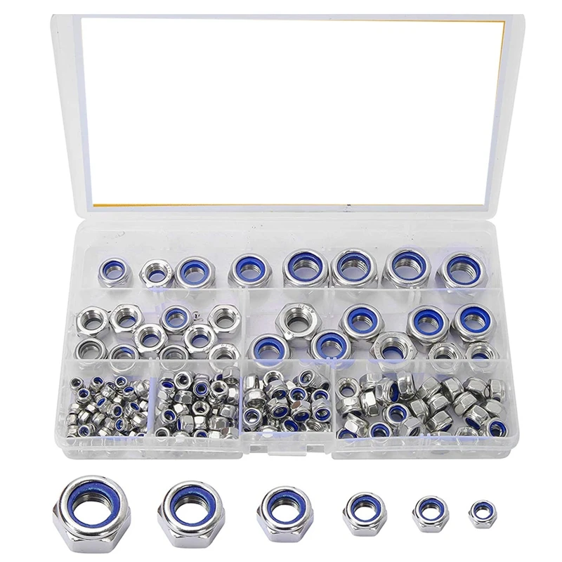 

185PCS Lock Nuts Stainless Steel Locknut, Insert Hex Nut Set, Assorted Self-Locking Nuts Fastener For Lock Washers