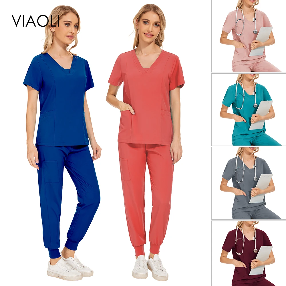 

Solid Color Scrub Sets Uniform Women Joggers Hot Sales Doctor Medical Surgical Gown Dental Scrub Pet Clinic Care Veterinary Suit