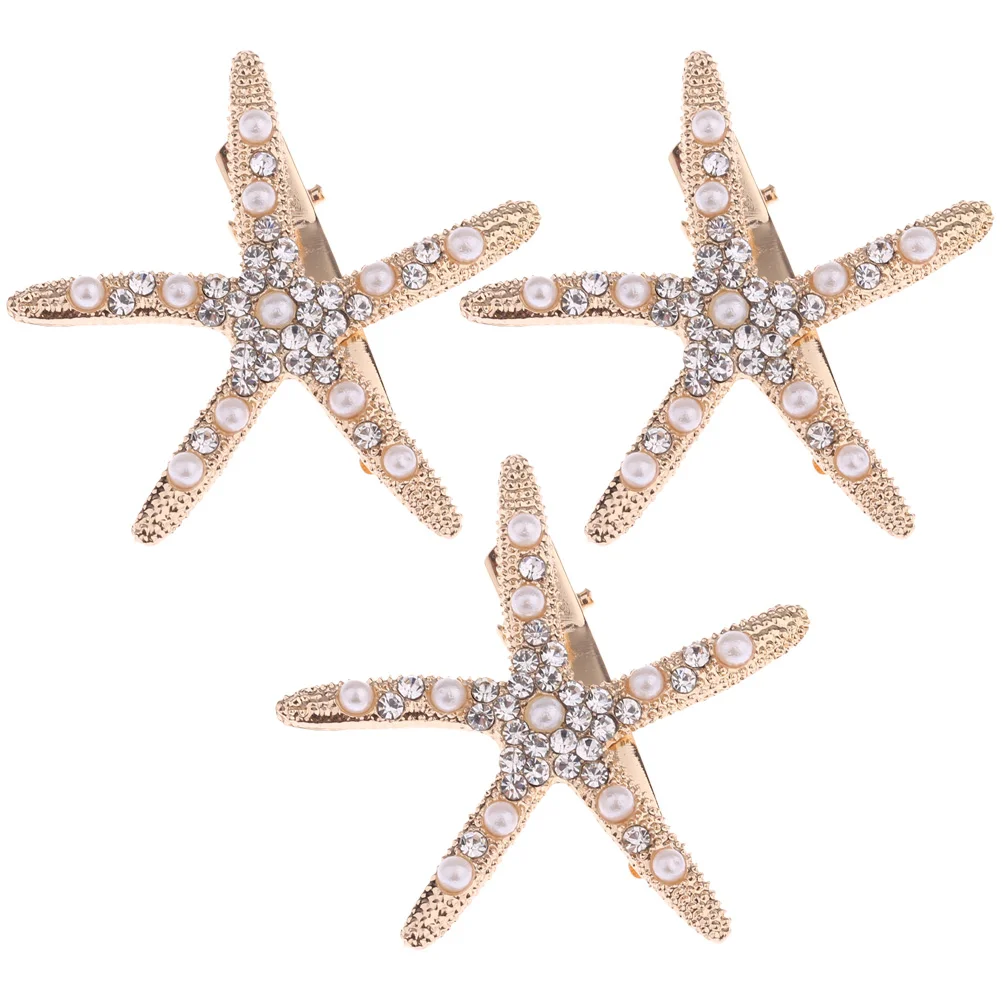 

3 Pcs Starfish Hairpin Princess Accessories for Girls Wedding Brides Pins Women Barrettes Mermaid Gold Alloy Miss Hairpins