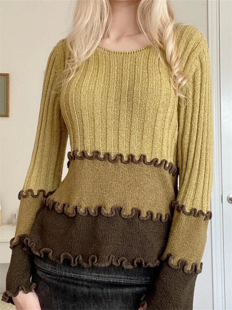 

CHRONSTYLE Vintage Women Sweaters Fairy Grunge Long Sleeve Round Neck Slim Fit Knitted Pullovers Tops Autumn Winter Warm Jumpers