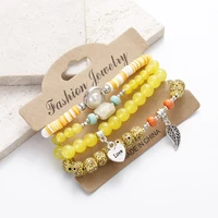 4pcsset boho heart leaf pendant charm natural beads bracelets set women lava stone pearl yellow stretch bracelet bangles female