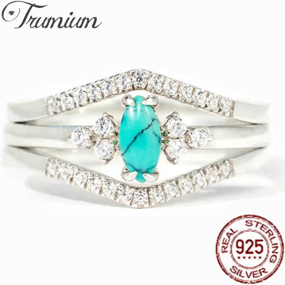 

Trumium 2pcs Luxury 925 Sterling Silver Turquoise rings for Women Vintage Ring Set Party Wedding Bands Retro Jewelry Accessories