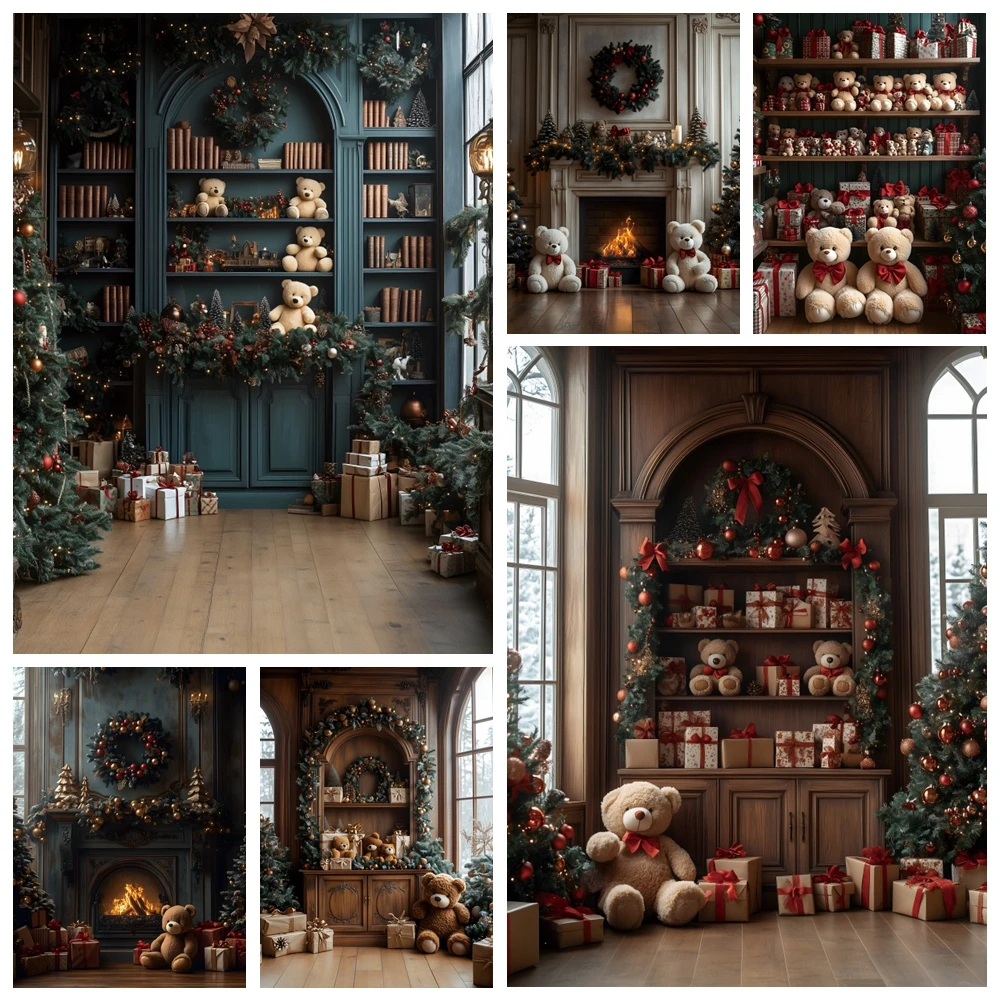 Christmas Teddy Bear Winter Fireplace Wood Floor Photography Backgrounds Tree Wreath Backdrop Kid Photo Studio Props