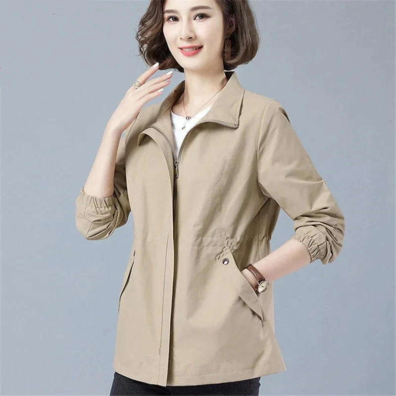 

Fashion Middle-Aged Mother Spring Autumn Trench Coat Thin Top 2022 New Cotton Windbreaker Khaki Women's Jacket With Lining Pink
