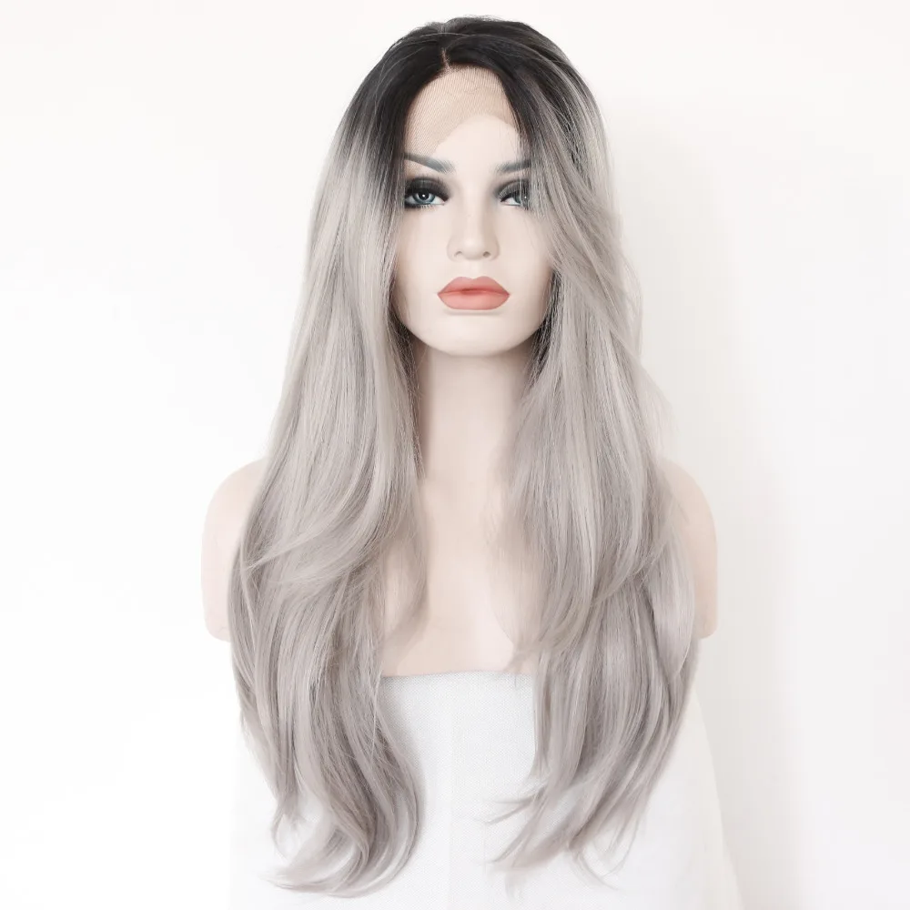 Louise Hair Gray 2 Tones Synthetic Lace Front Wig Dark Roots Long Natural Straight Silver Grey Replacement Hair Wigs For Women