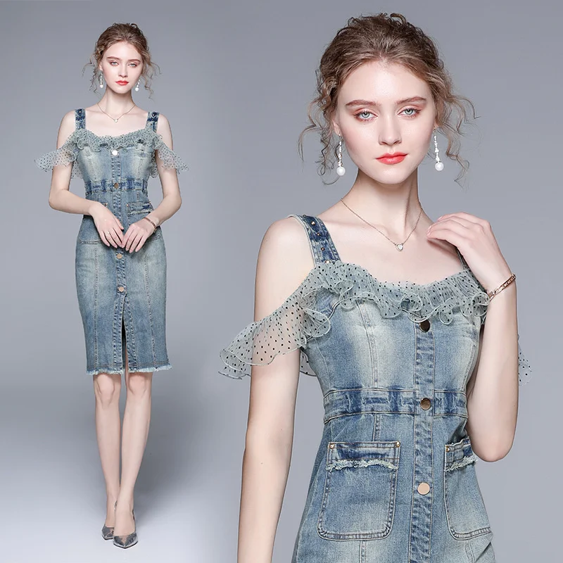 

2023 Summer New Fashion Wave Net Yarn Falbala Splicing Condole Cowboy Dress Is Female