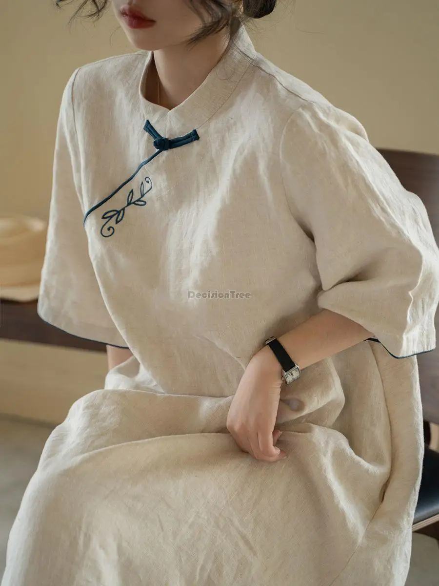Vestido cheongsam vintage bordado de estilo chino mejorado, cuello alto, Media manga, retro, suelto, s127, verano, 2023