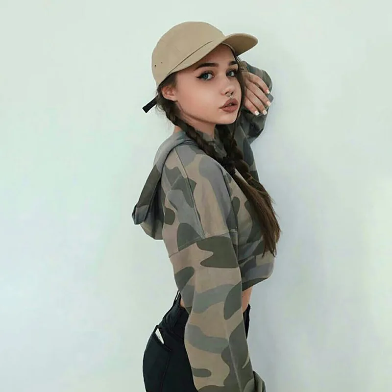 

Women's Spring Autumn Style Pullover Sweatshirt Women Camouflage Hooded Short Womens Winter Tops