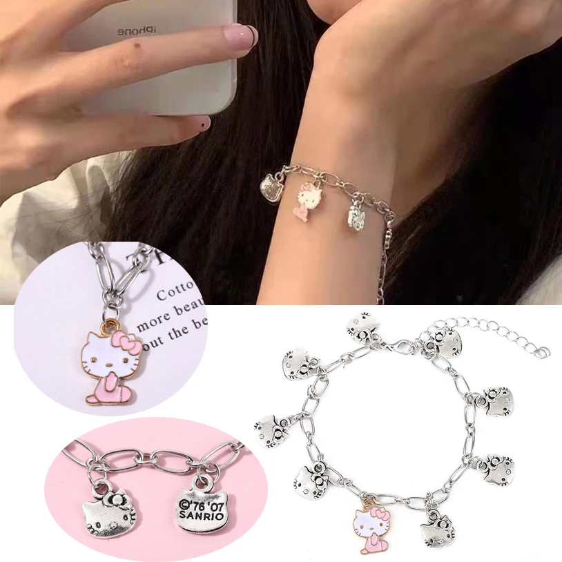 

Kawaii Hello Kitty Chain Bracelets for Girl Sweet Bff Bracelet Pink Double-Deck Bangle Women Cute Hello Kitty Jewelry Accessorie