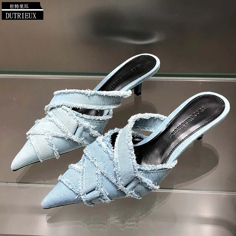 

Mules Slides 4 CM Female Shoes For Elegant Thin Heels 2023 New Fashion Women Pumps Pointed Toe Footwear Slippers Ladies Sandals