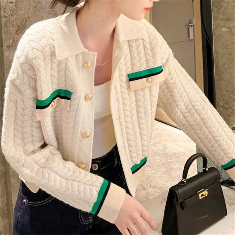 

Twist sweater cardigan early autumn new Han Feng niche lapel knit short coat