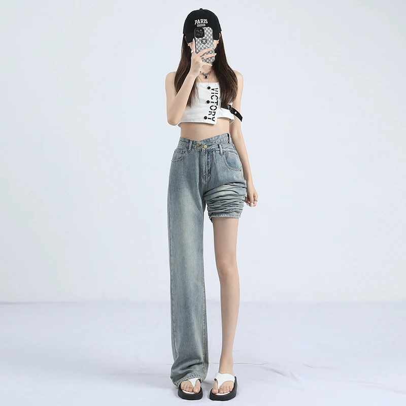 High waist wide leg jeans for female spring and summer 2023 Baby blue commuter trousers for teenagers