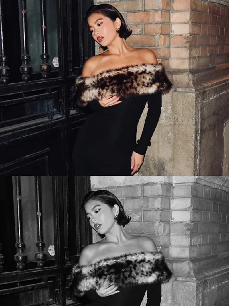 Элегантное лоскутное платье с леопардовым принтом из искусственного меха