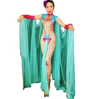 green sleeveless skinny bodysuits women evening prom diamonds inlaid flower costume nightclub dj singer dance show stage wear