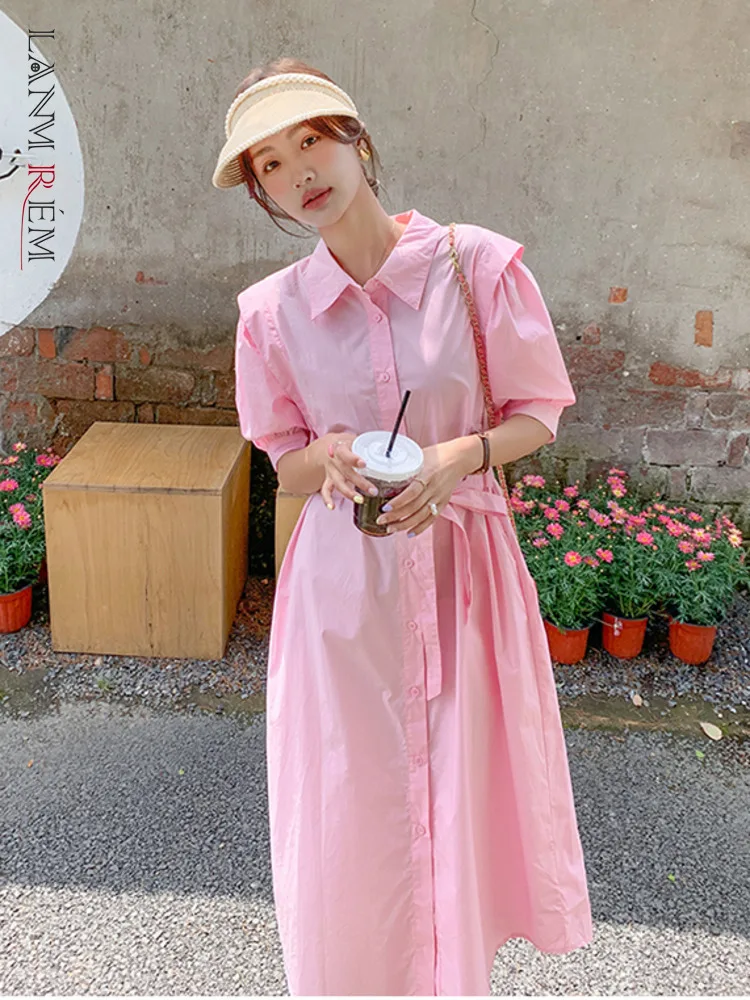 

LANMREM Casual Belt Dress Women's Lapel Lantern Sleeves Single Breasted Solid Thin A-line Dresses Female Clothing 2023 2XZ161