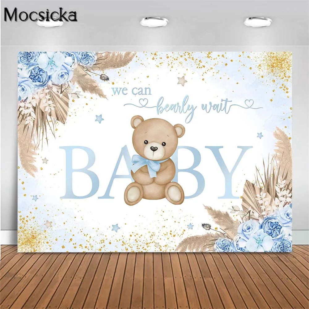 

Mocsicka Blue Teddy Bear Baby Shower Backdrop Newborn Boy Welcome Party Decor Background Boho Flower We Can Bearly Wait Backdrop