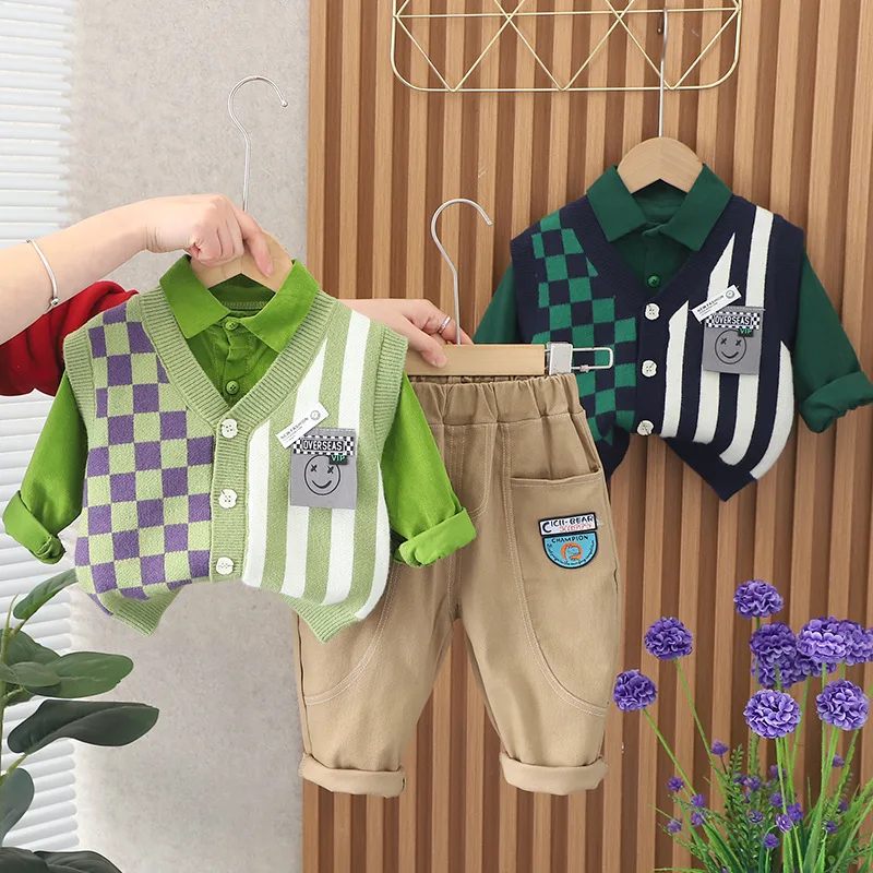 

Комплект одежды Larua Kors, новинка 2023 года, в Корейском стиле, весенний комплект из 2 предметов зеленого цвета с отложным воротником и клетчатым принтом, одежда для мальчиков 12 мес.-5 лет