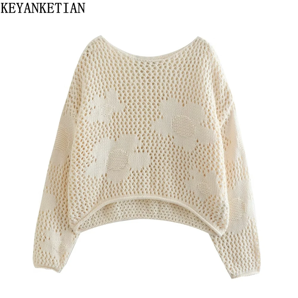 

KEYANKETIAN Women's Flower Jacquard Hollow Knit Sweater Autumn New Pastoral Style Apricot Thick Stitch Lazy Pullover Sweater