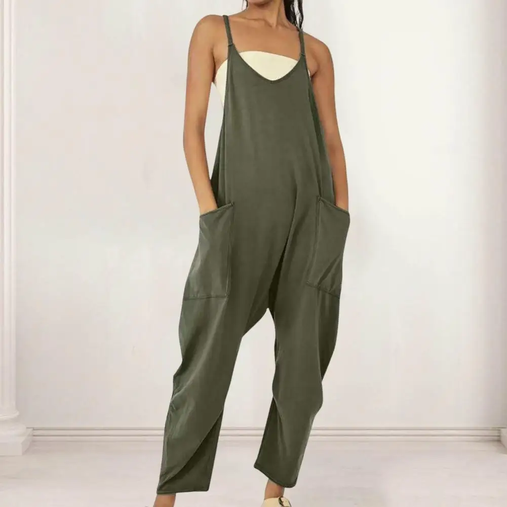 

Summer Jumpsuit Loose Ankle Length Solid Color Sleeveless Patch Pockets Daily Wear V Neck Plus Size Deep Crotch Women Sling Jump