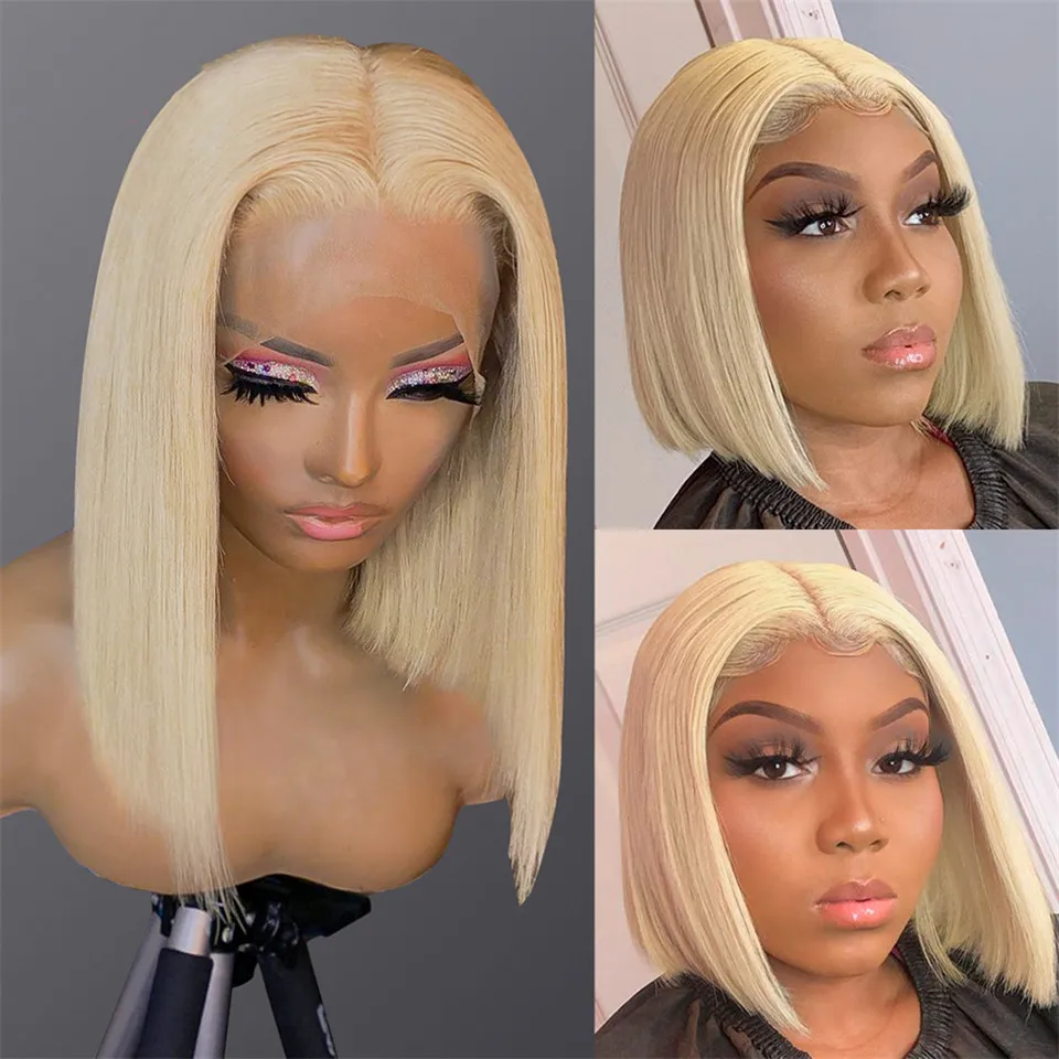 

Peruvian Straight 613 Lace Frontal Wig Blonde Pre Plucked HD Transparent 13x4 Lace Front Wig Human Hair Short Bob Closure Wigs