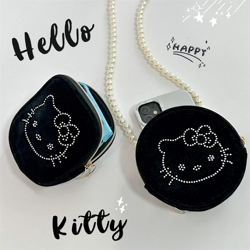 

Kawaii Hello Kitty Cartoon Cute Hot Diamond Premium Velvet Bag Zero Wallet Earphone Bag Phone Back Clip Cartoon Key Bag Portable