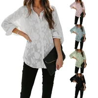 women blouse lapel solid color long sleeve lace hollow out transparent top single row multi button elegant beautiful thin blouse