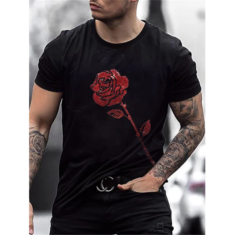 Quality Mens Fashion Diamonds T-Shirts Casual Rose Hot Drill Tee Tops Short Sleeve O-Neck Rhinestone Club Men Clothes Tshirt Y2K