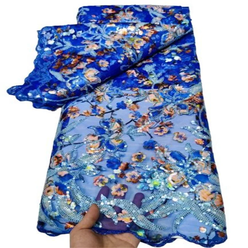 

Blue Latest African Mesh Lace Fabric Embroiderey Sequins multicolor French Tulle Laces Fabric For Nigerian Wedding Party Sew
