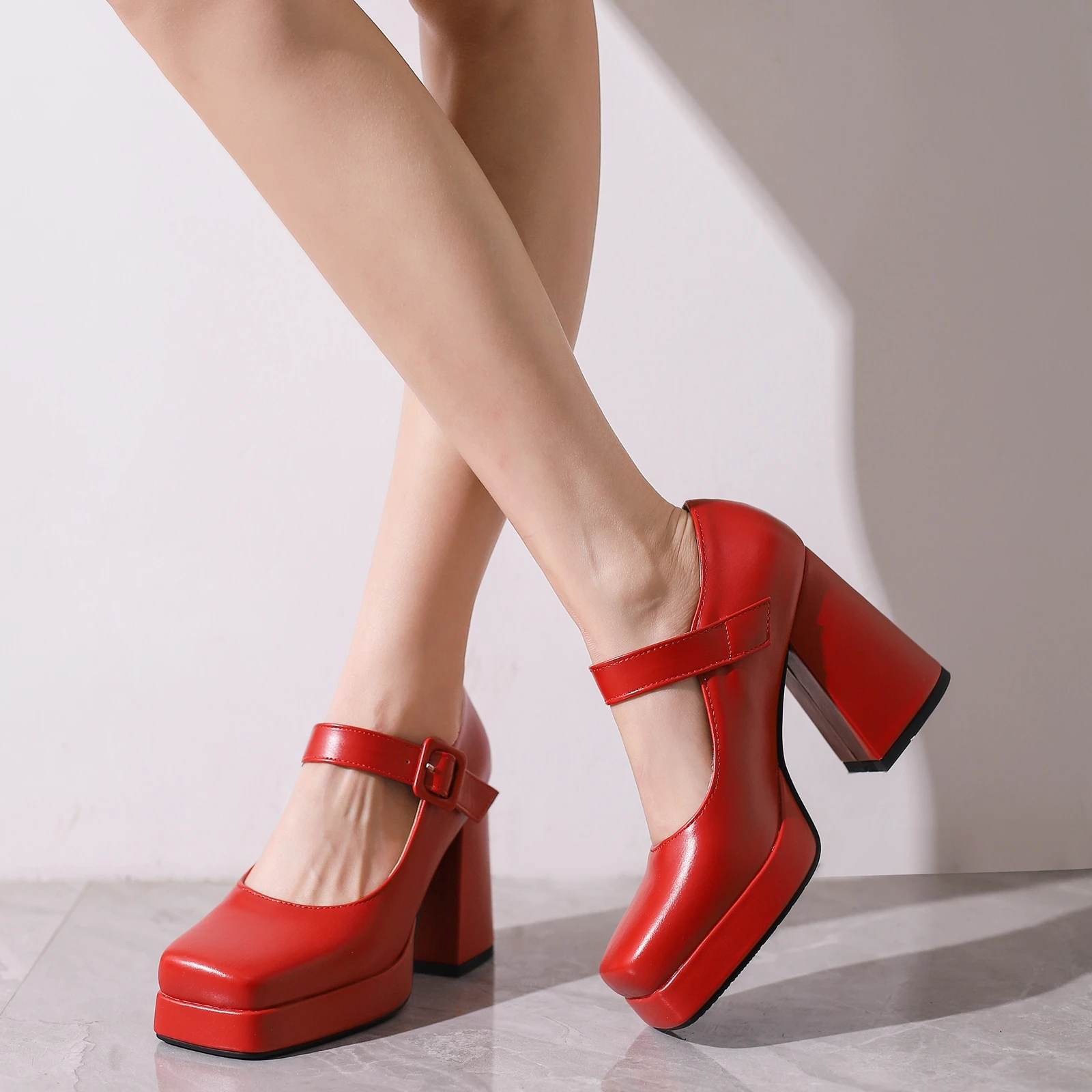 Eokkar Square Toe Mary Janes Platform Chunky High Heels Buckle Comfortable Pumps 2023 Elegant Dress Pumps Thick Heel Party Shoes
