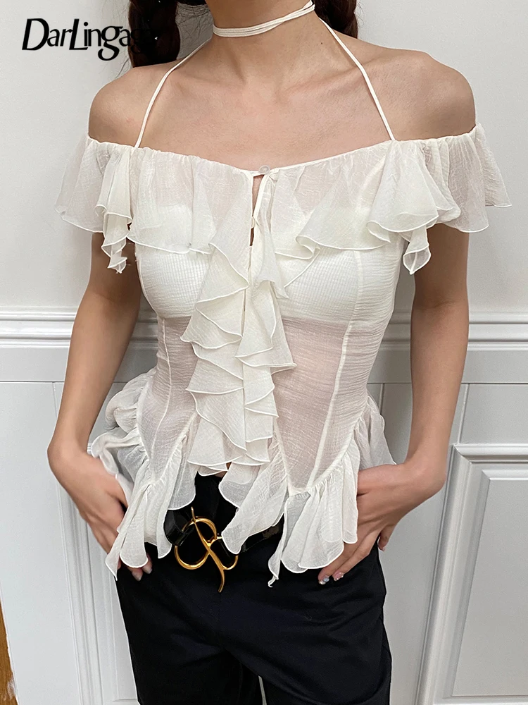 

Darlingaga Y2K Chic Summer Chiffon T-shirt Women Halter Neck Off Shoulder Crop Tops Ruffles Holidays Transparent Sexy Shirt Slim