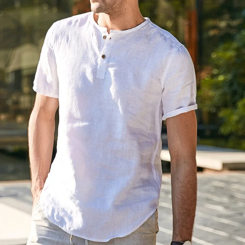 2022 New Summer Round Neck Solid Color Short Sleeve Men's Casual Retro Linen V-neck Short Sleeve Shirt Ropa De Hombre
