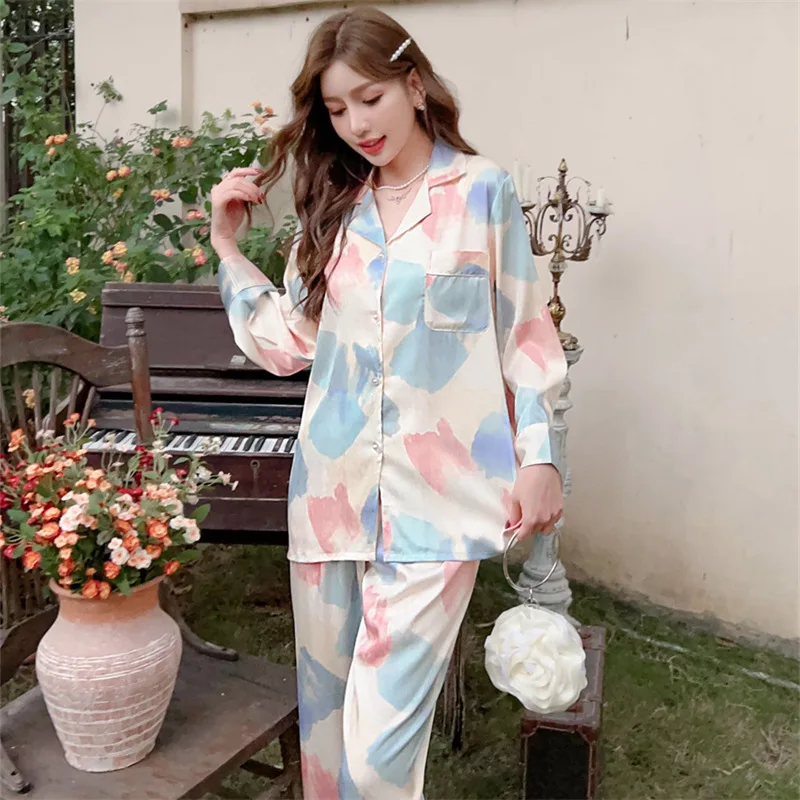 2023 Spring and Autumn New Pajamas Women's Artificial Silk Fashion Printed Long-Sleeved Trousers Cardigan Homewear Suit