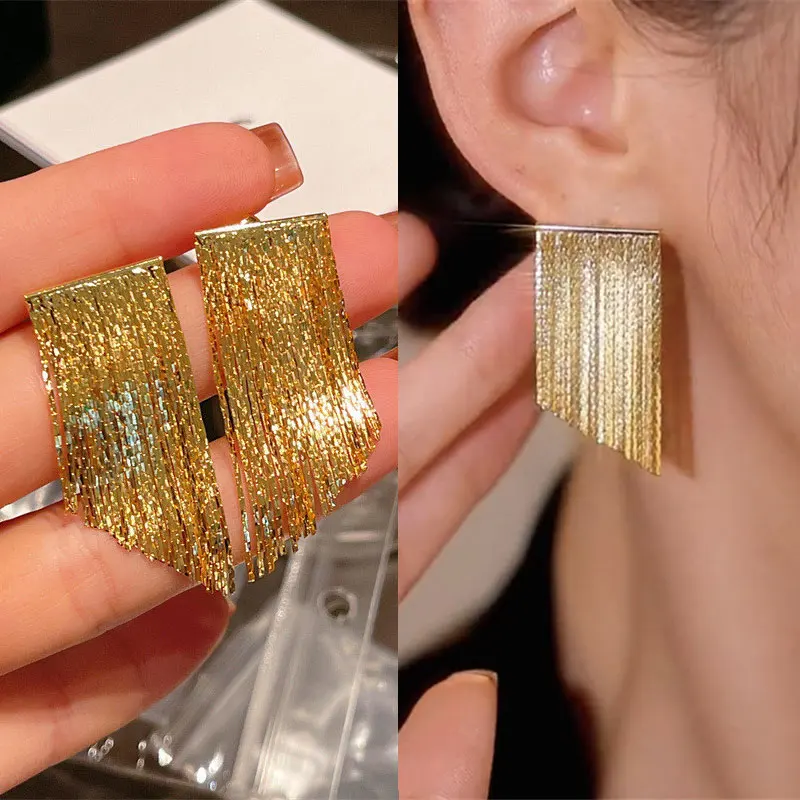 

2023 Fashion Dangle Earring Long Statement Gold Color Bling Tassel Earrings for Women Female Wedding Daily Pendant Jewelry Gifts