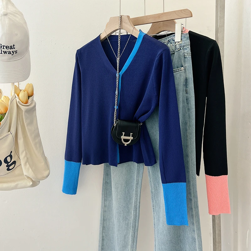 Элегантный осенний вязаный кардиган с v-образным вырезом лоскутный свитер