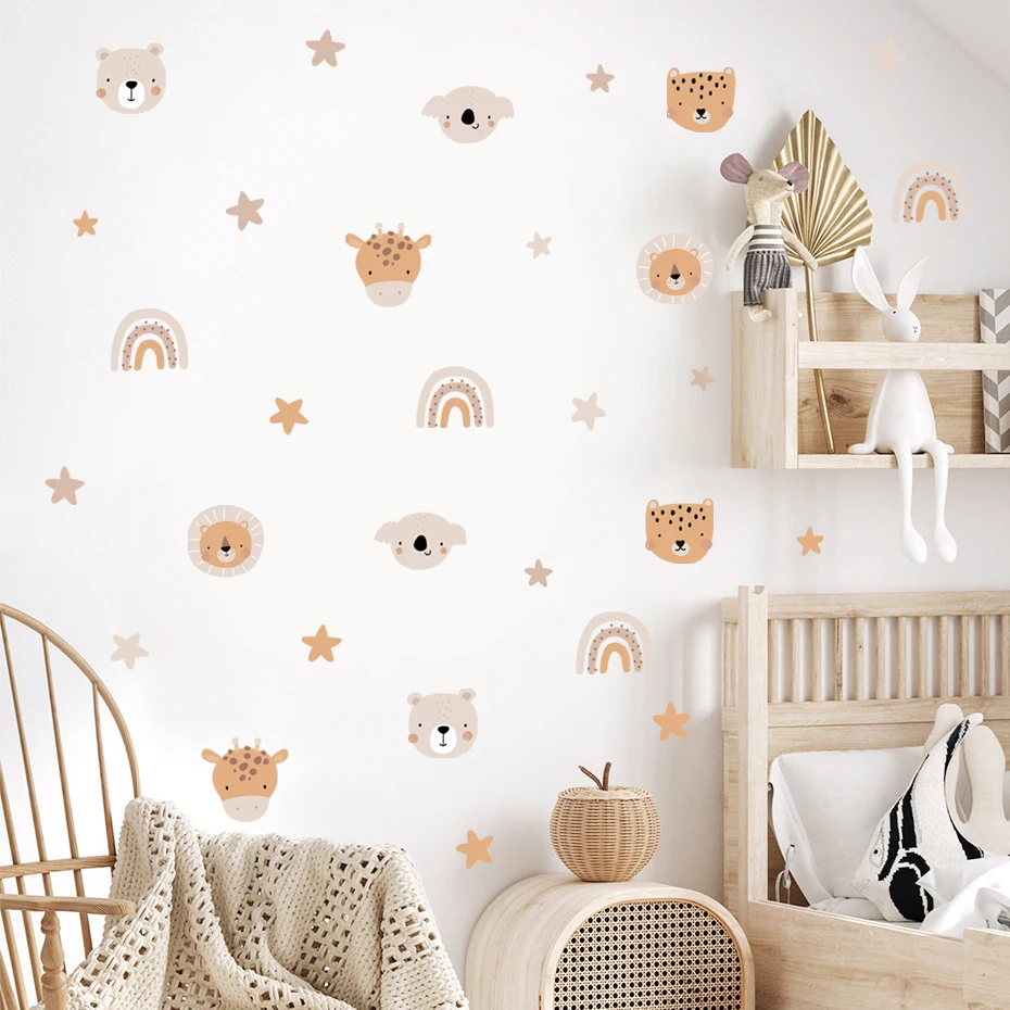 Boho Cartoon Cute Rainbow Bear Animals Star Nursery Wall Decals Art Posters Gifts Kids Room Girls Bedroom Sticker Home Decor