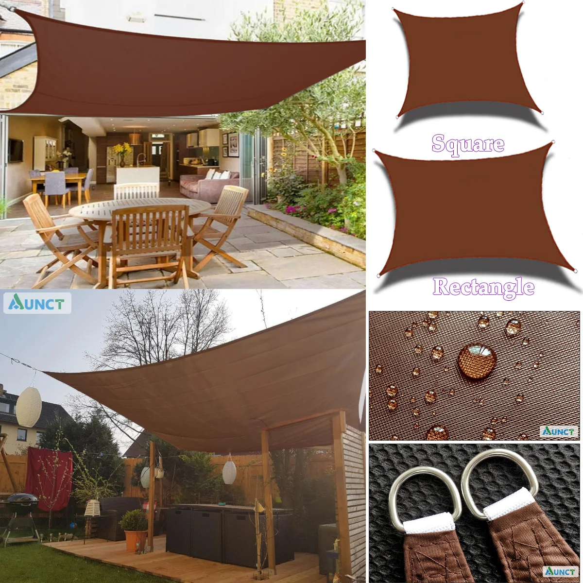 Brown 300D Waterproof Oxford Square Rectangle Sun Shade Sail Garden Yard shade sun Canopy Camping sail awning terrace swimming