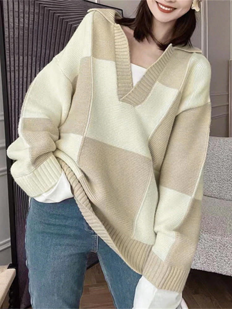 

Women's Sweate Autumn Winter 2023 New In Casual Commuter Polo Collar Retro Lazy Knit Contrast Checkered Sweater Women's Clothing