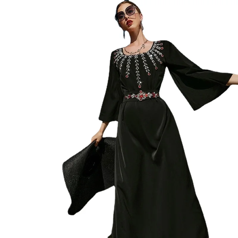 

Rhinestone Kaftan Women Moroccan Party Caftan Satin Flare Sleeve Muslim Long Dress Belted Arab Dubai Saudi Abaya Ramadan Black