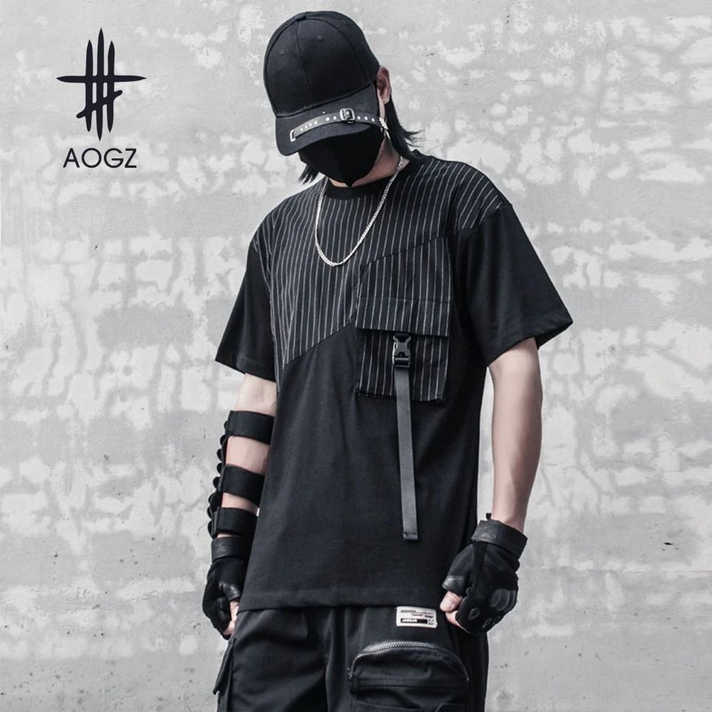 

AOGZ Striped Patchwork Pocket T Shirt Men Loose Short Sleeve Tee Tops Hip Hop Fashion Streetwear Summer Tshirts Cotton Clothing