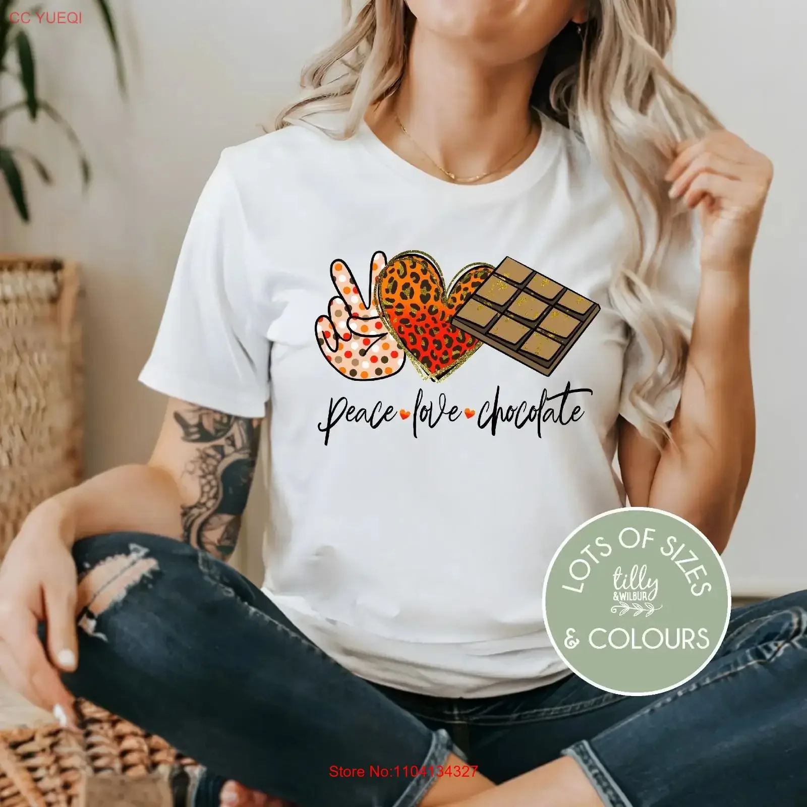 Фото Футболка Peace Love Chocolate, забавная женская футболка для влюбленных, винтажная, удобная, в стиле стритвир, дизайнерская одежда, модная, дышащая №1
