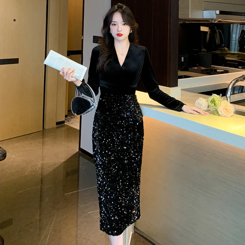 England Style Patchwork Women Dresses 2022 New Korean Casual High Waist Corduroy Sequins Long Sleeve Fashion Clothing V-Neck
