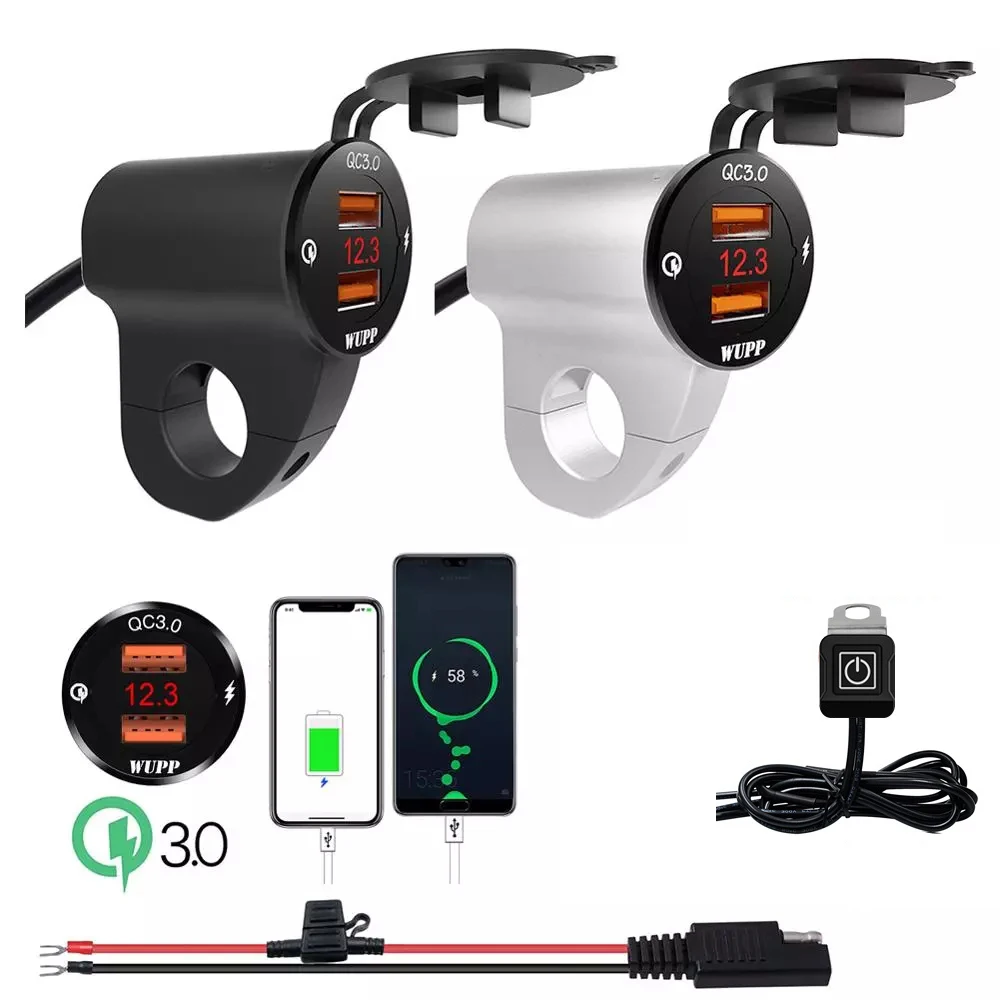 

Waterproof 12V Motorcycle QC3.0 Dual USB Charger Ports Power Adapter with Digital Voltmeter for Smartphones, Tablets and GPS