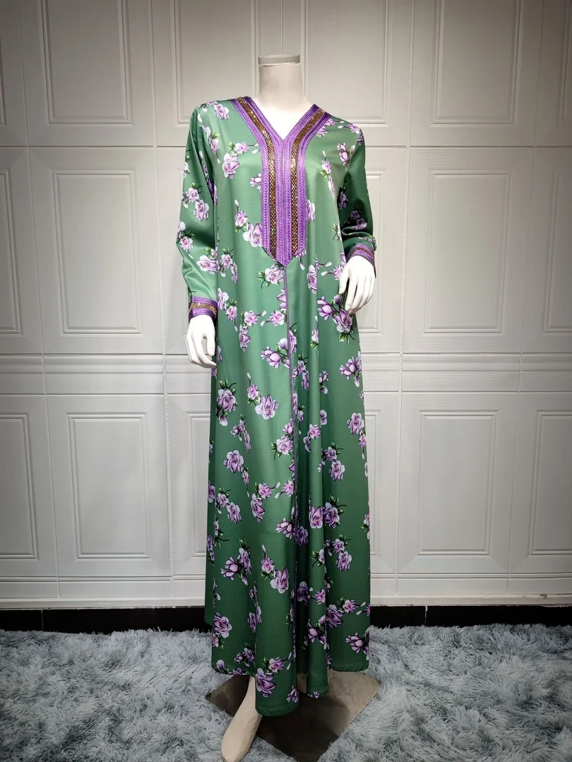 

Fashion Muslim Abaya Dress for Women Fall 2022 Dubai Jalabiat Turkey Arabic Oman Moroccan Caftan Green Blue