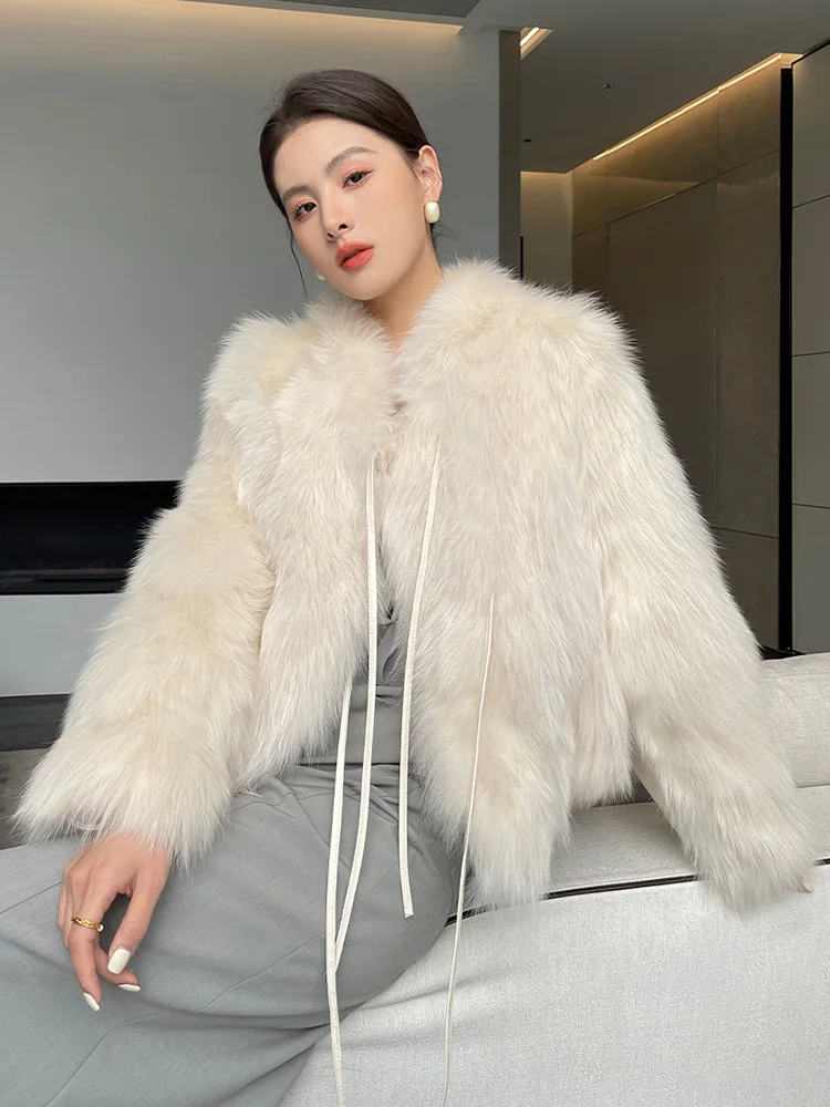 New Women Short Real Fur Coat Autumn Winter Luxurious Fashion Fox Belly Fur Down Cotton Lining Lace-up Thick Warm Fur Jacket