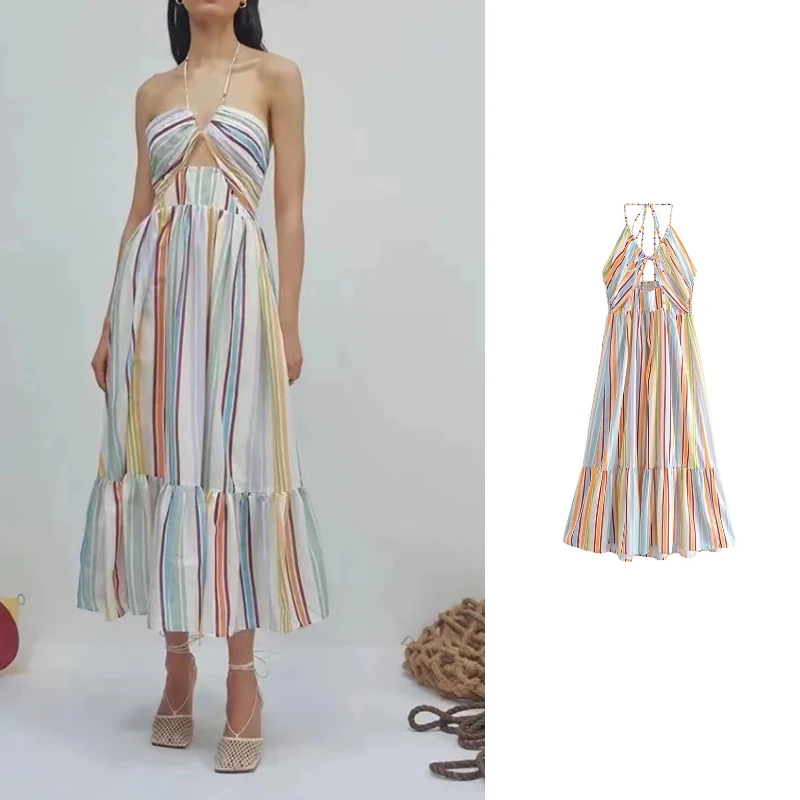 

2022 New ZA Women Rainbow Color Sling Dress Fashion Backless Sleeveless Midi Dress Sexy Casual Vacation Style