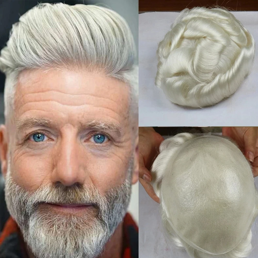 

Platinum Blonde 60R Grey Men’s Toupee Thin Skin Full PU Vloop Replacement Capillary Prosthesis 100% European Human Hair Pieces