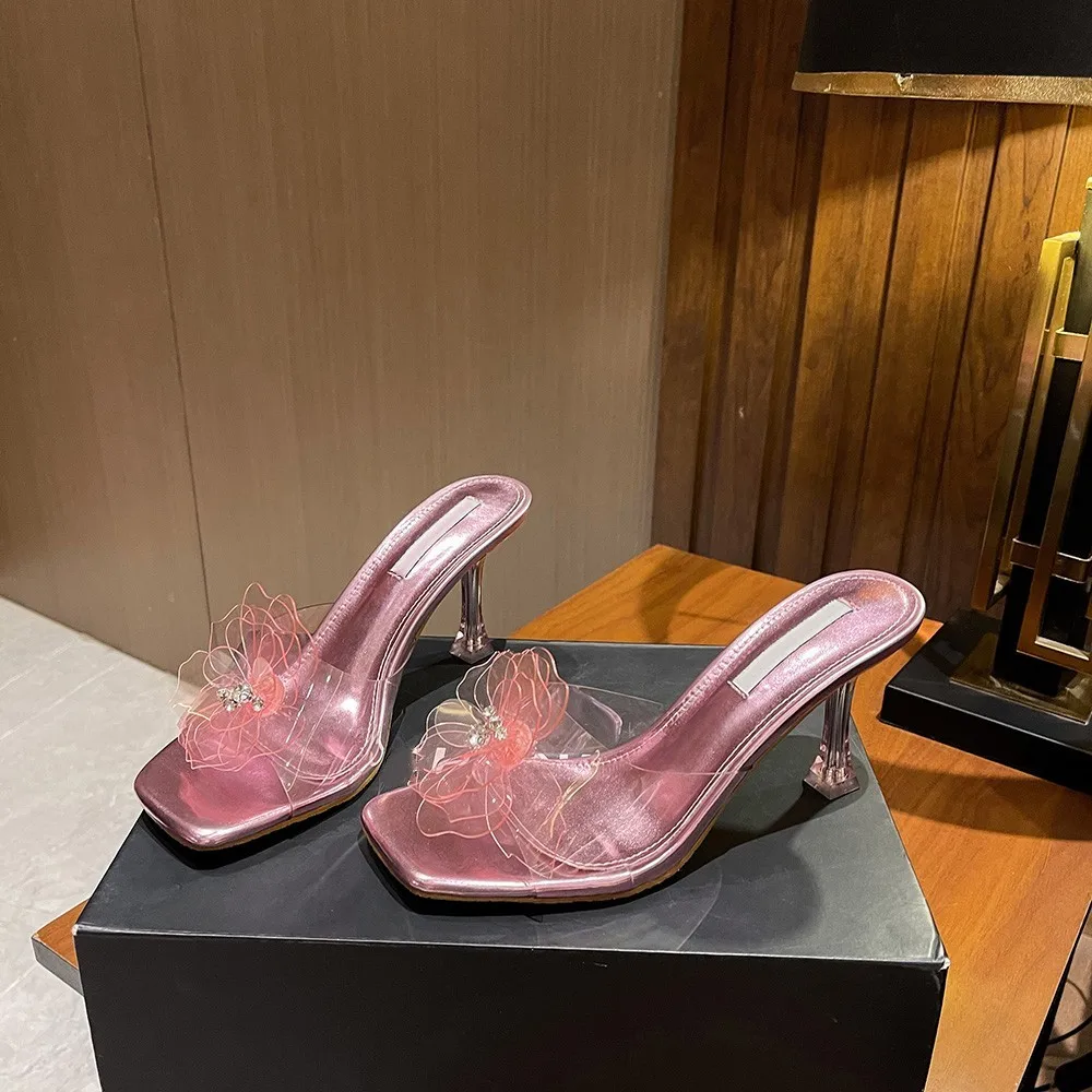 

Прозрачные розовые сандалии на высоком каблуке 2023, летние сандалии с цветочным рисунком, сандалии с открытым носком и квадратным носком, модельные туфли с искусственным кристаллом