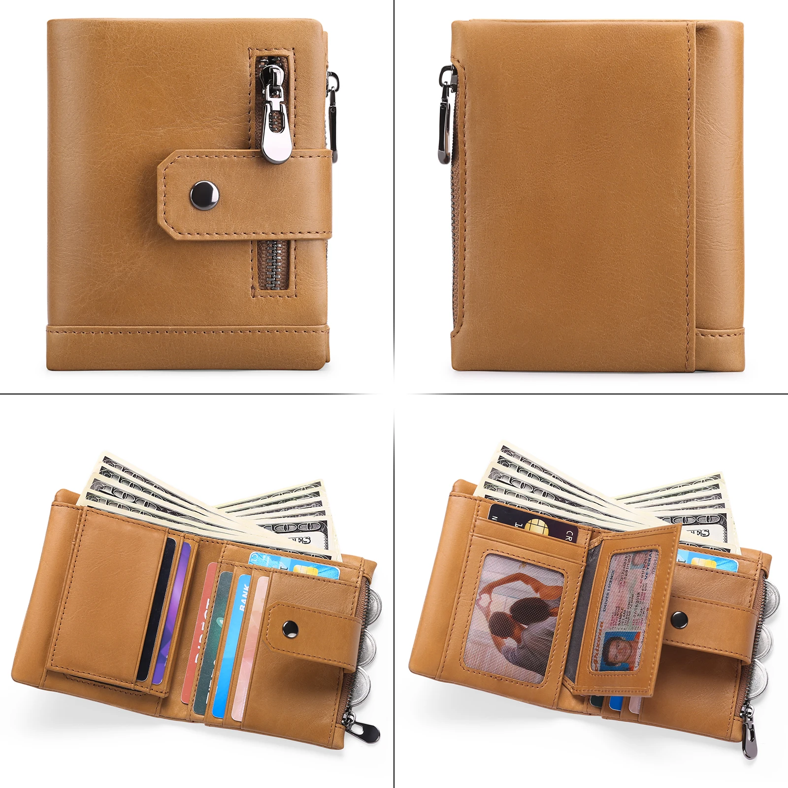 Genuine Leather Men Wallet RFID Blocking Luxury Short Wallets Male Hasp Vintage Purse Coin Zipper Multi-functional Card Pocket