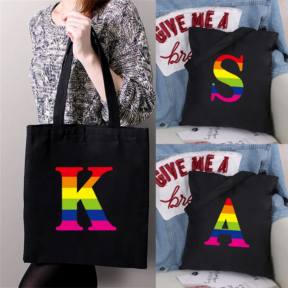 

Shopping Bag Women Handbag Shoulder Bag Rainbow Print Ladies Shopper Canvas Bag Reusable Commute Large Capacity School Tote Bag