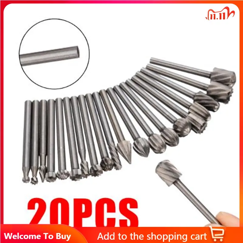 

20Pcs 1/8 Inch Shank HSS Woodworking Router Bit Set Burr Rotary File Milling Cutter For Power Tool Trimming, Milling,Carving